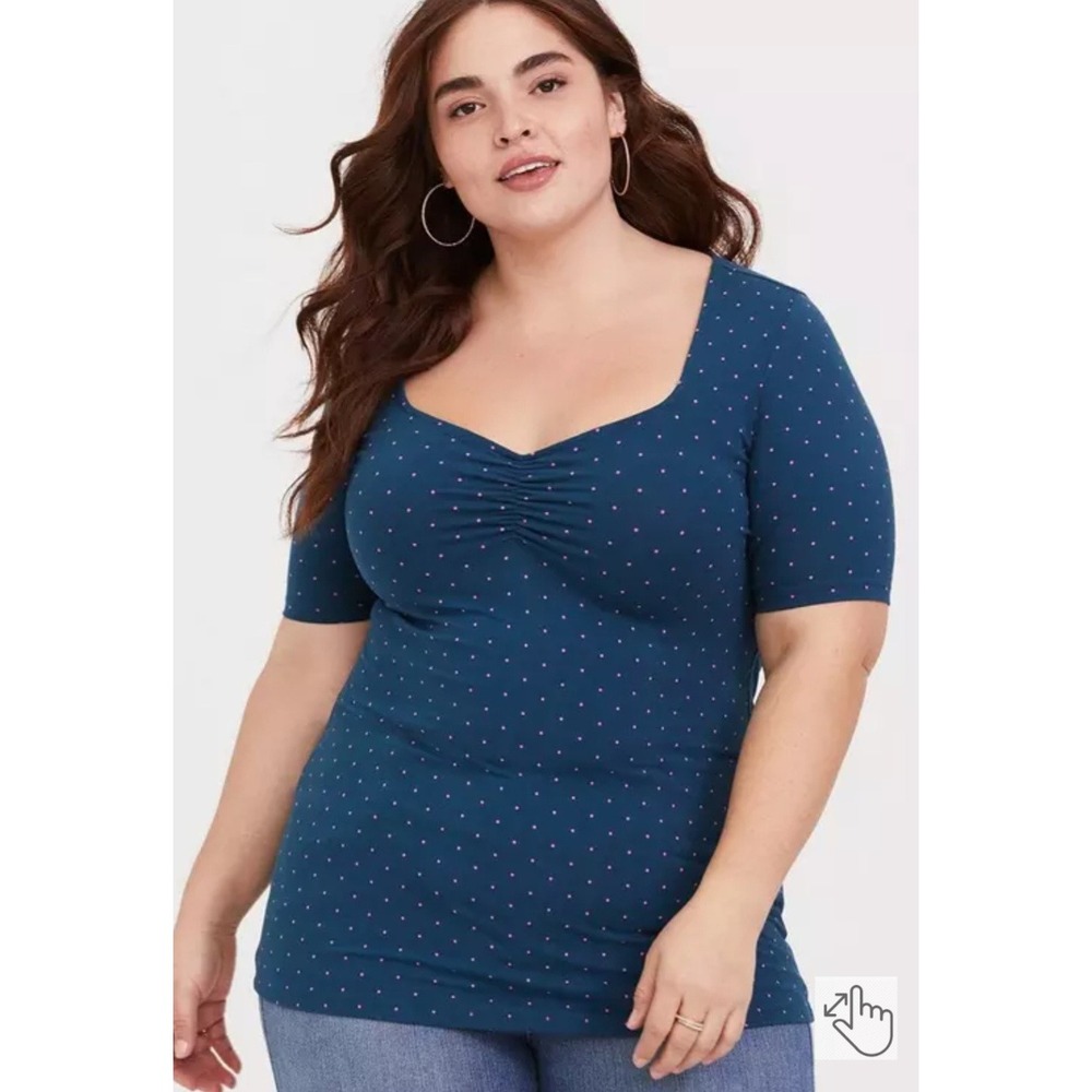 Torrid‎ Foxy Teal Blue Pink Polka Dot Ruched Sweetheart Neckline Top Sz 2 2X